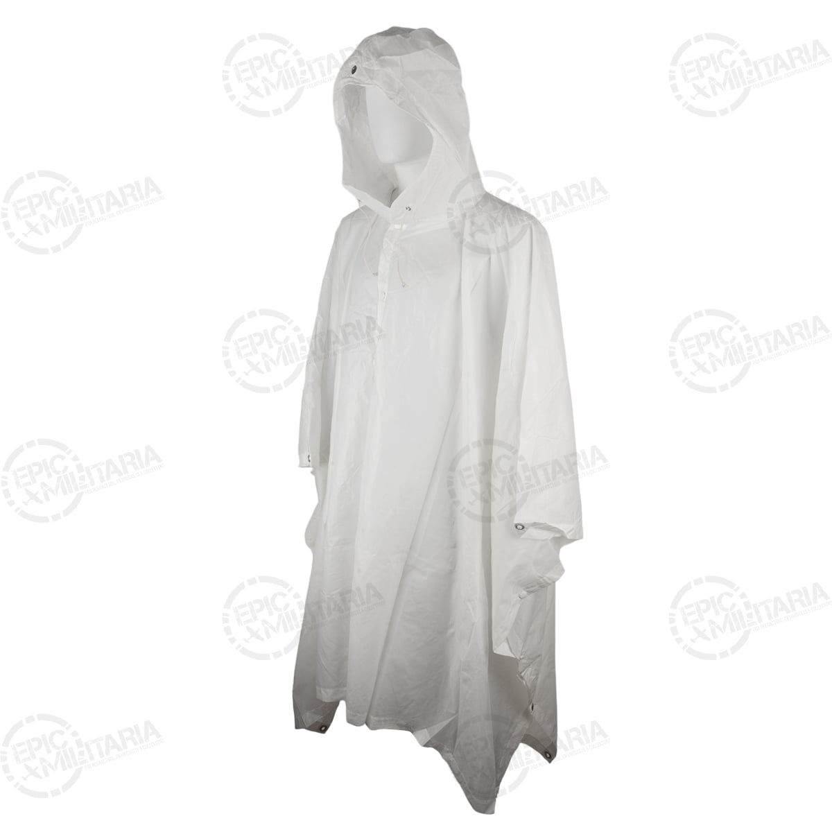 Three-quarter angle of a durable white Swiss Army military surplus poncho, highlighting the waterproof fabric and reinforced edge eyelets.