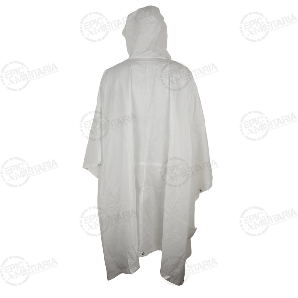 Rear view of the white military surplus Swiss Army poncho, displaying the full-length drape and versatile design suitable for a ground sheet.