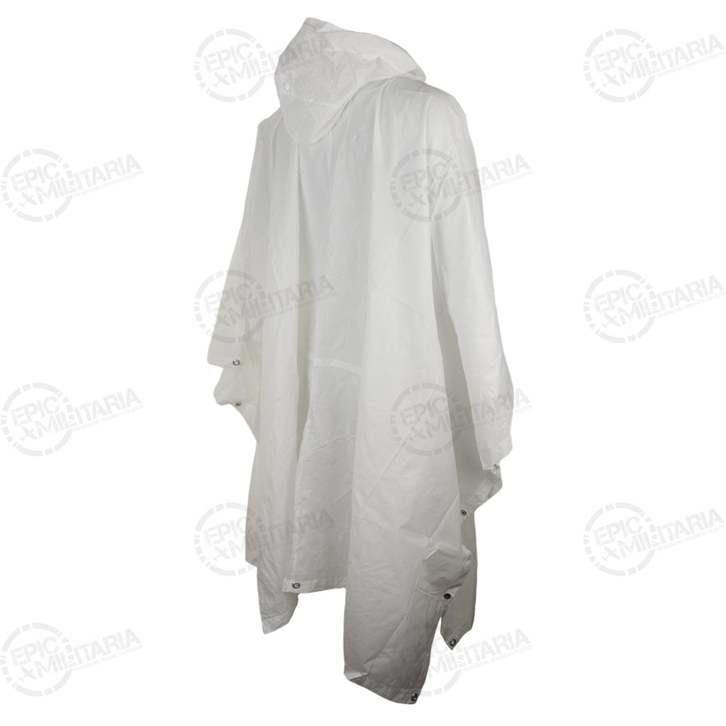 Side profile of the white Swiss Army poncho showing the hood structure and side closures used for easy wear or shelter construction.