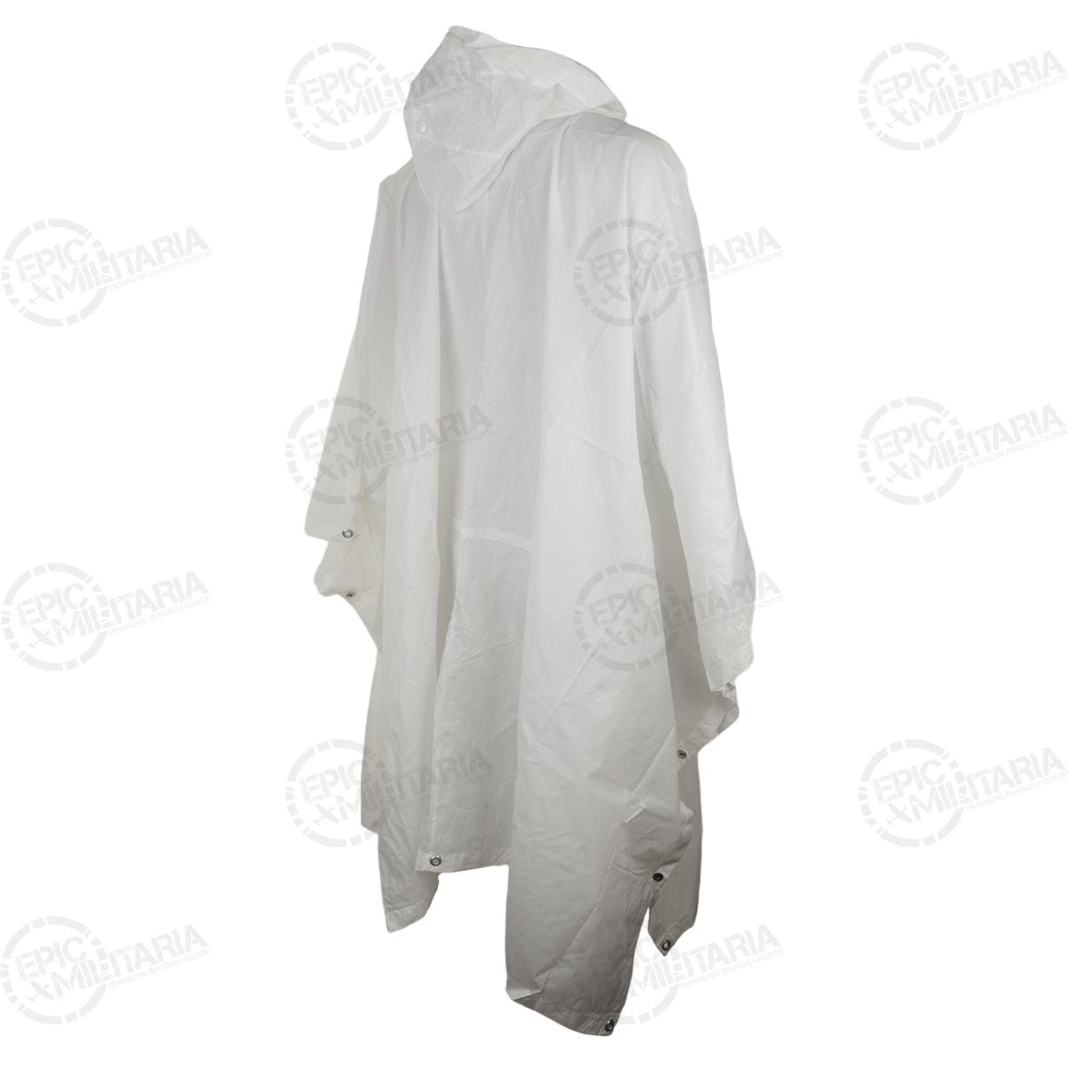 Side profile of the white Swiss Army poncho showing the hood structure and side closures used for easy wear or shelter construction.