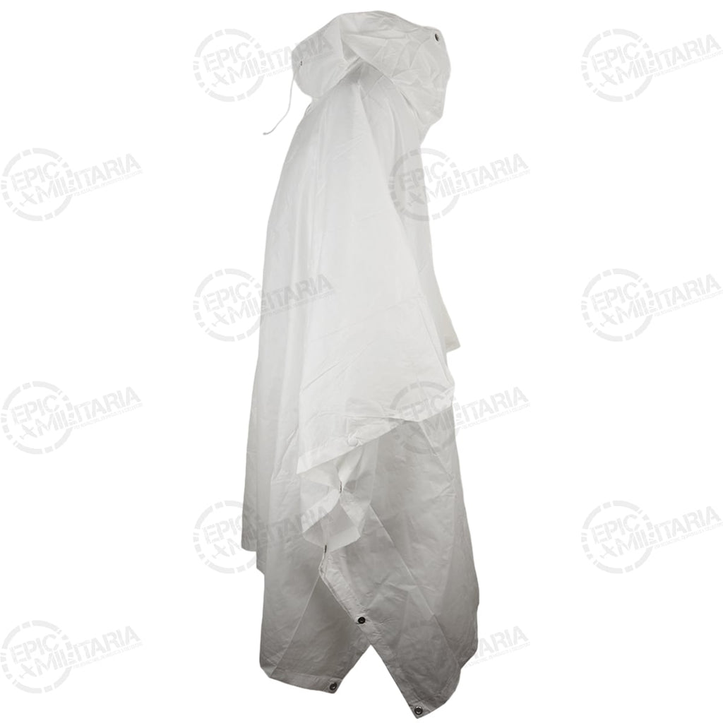 Full side view of the white Swiss Army Poncho, emphasizing the adjustable drawstring hood and durable material construction.