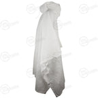 Full side view of the white Swiss Army Poncho, emphasizing the adjustable drawstring hood and durable material construction.