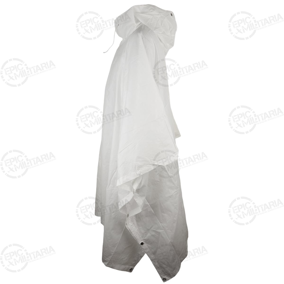 Full side view of the white Swiss Army Poncho, emphasizing the adjustable drawstring hood and durable material construction.