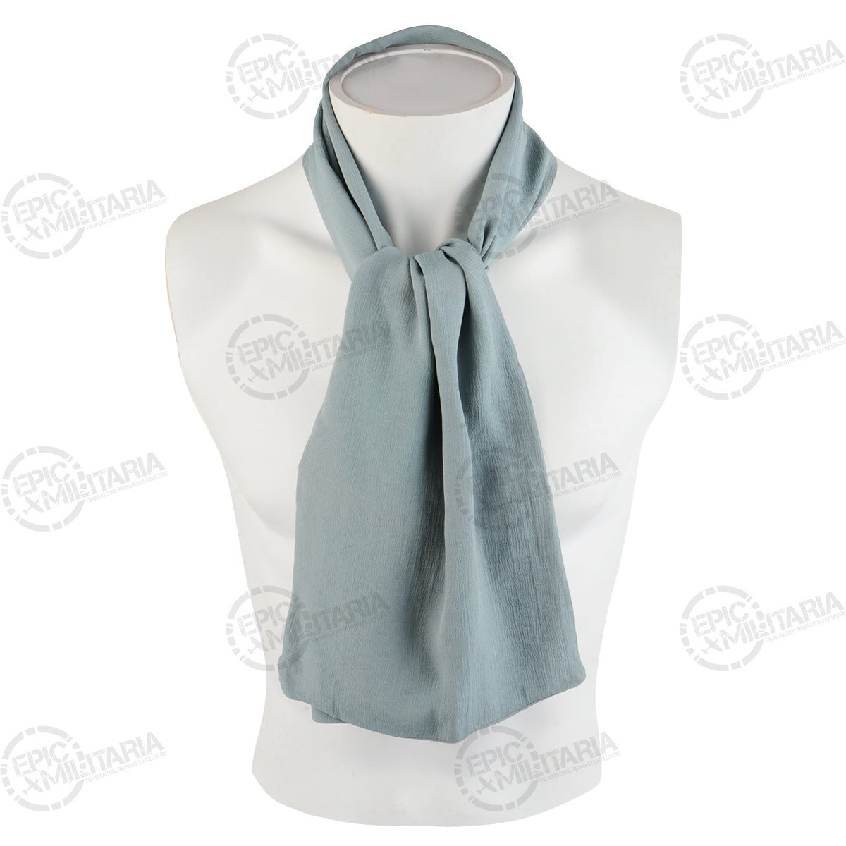 A single light blue rayon neckerchief on a mannequin, used for US Army infantry uniform reenactments.