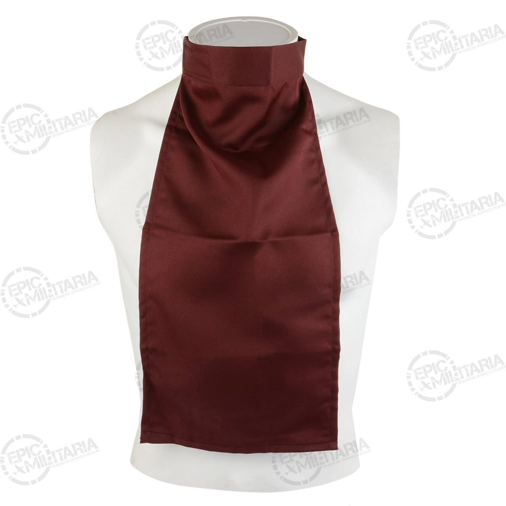 A maroon bib-style neckerchief on a mannequin, specifically used by the US Army Medical Corps during the Vietnam War.