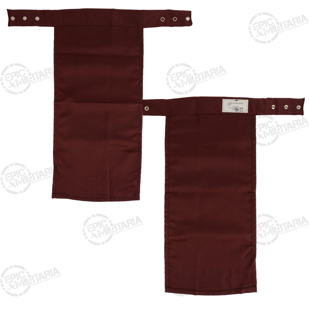 Back view of two maroon bib-style medical neckerchiefs showing the metal popper strap closures.