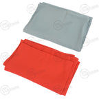 Two folded rayon neckerchiefs, one light blue and one red, showing texture and material detail.