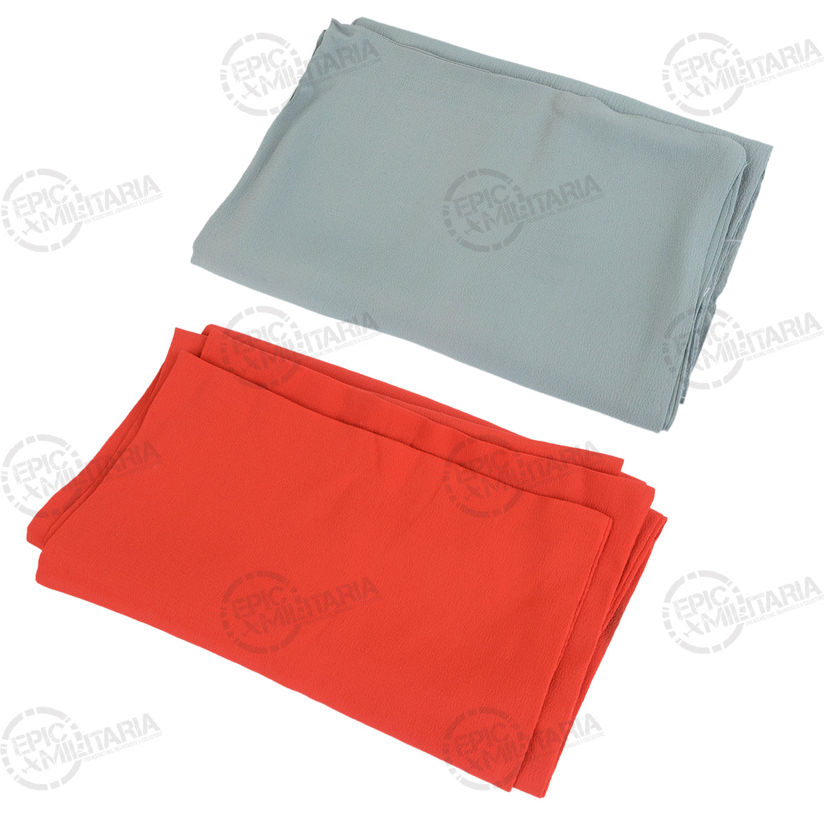 Two folded rayon neckerchiefs, one light blue and one red, showing texture and material detail.
