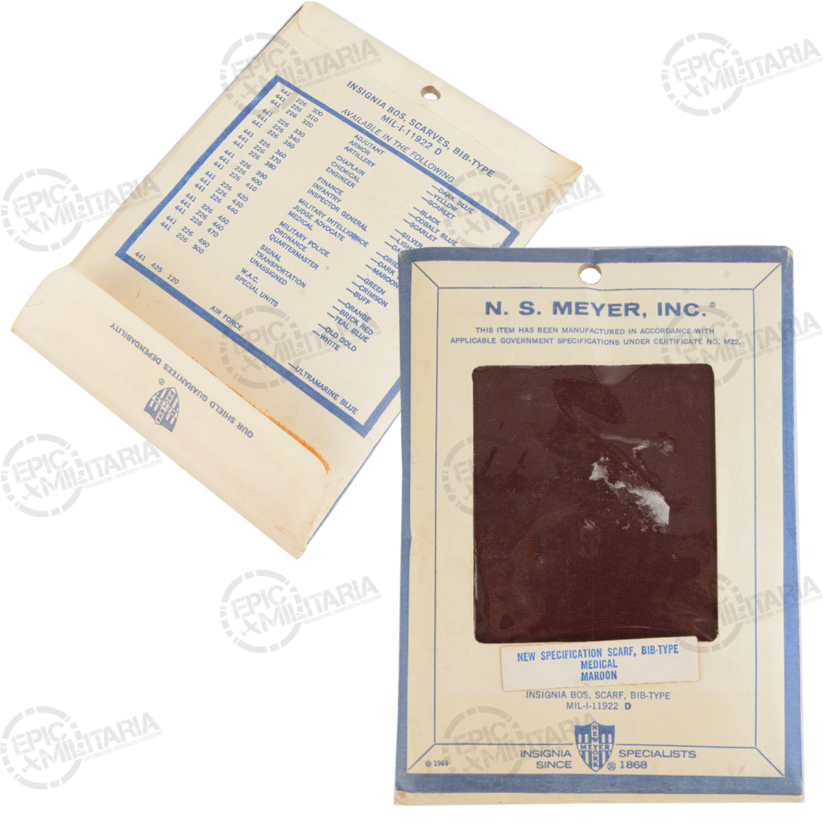 Original vintage packaging for a N.S. Meyer Inc. maroon medical bib-style neckerchief, dated 1969, featuring US Army insignia list.