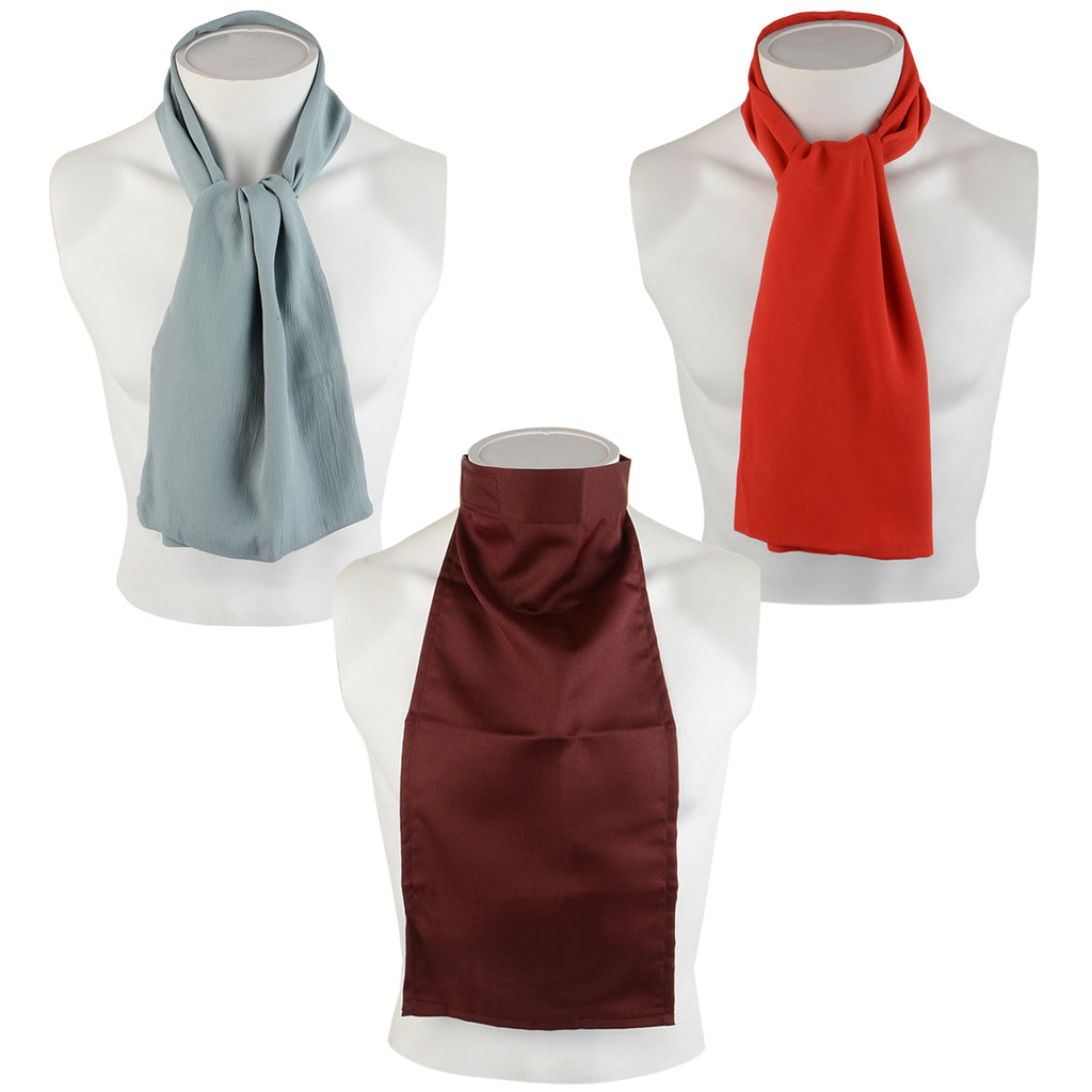 Three mannequins wearing US Army Vietnam-era rayon neckerchiefs in light blue, red, and maroon bib-style.