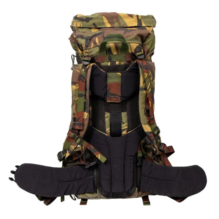 Rear view of the Dutch Army rucksack, showing the heavily padded back panel, mesh lumbar support, and thick hip belt.