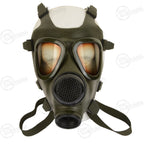 Front-facing view of the Romanian M74 military gas mask, highlighting the circular exhale valve and STANAG 4155 filter inlet.