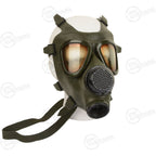 Slightly angled front view of the Cold War era Romanian M74 gas mask, showing its protective neoprene construction and adjustable head straps.