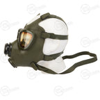 Left side profile of the Romanian M74 gas mask, detailing the wide field-of-vision lenses and robust rubber head strap configuration.