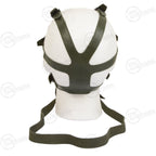 Rear view of the Romanian M74 gas mask, displaying the multi-point rubber head harness designed for a secure and comfortable fit.