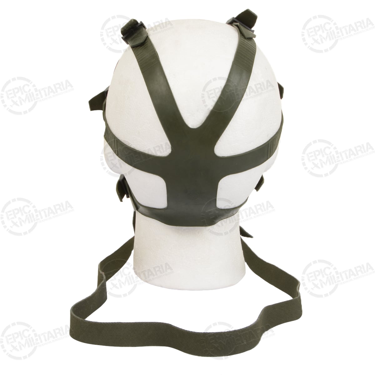 Rear view of the Romanian M74 gas mask, displaying the multi-point rubber head harness designed for a secure and comfortable fit.