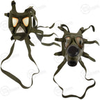 Two Romanian M74 gas masks shown side-by-side, with one displaying the interior orinasal cup and the other the external front valve.