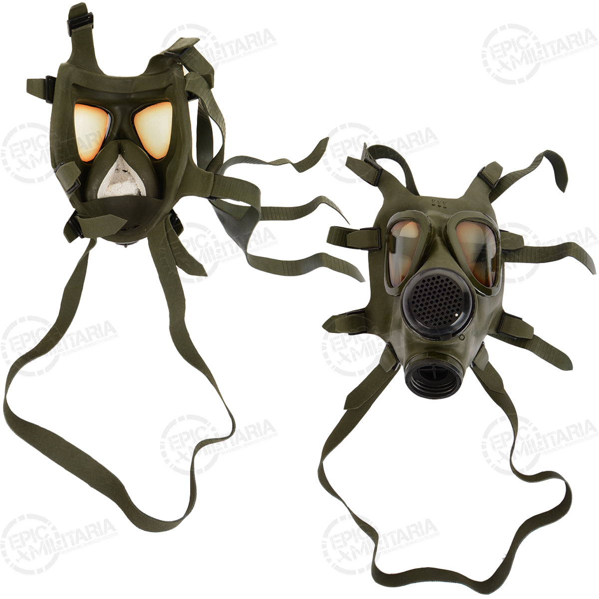 Two Romanian M74 gas masks shown side-by-side, with one displaying the interior orinasal cup and the other the external front valve.