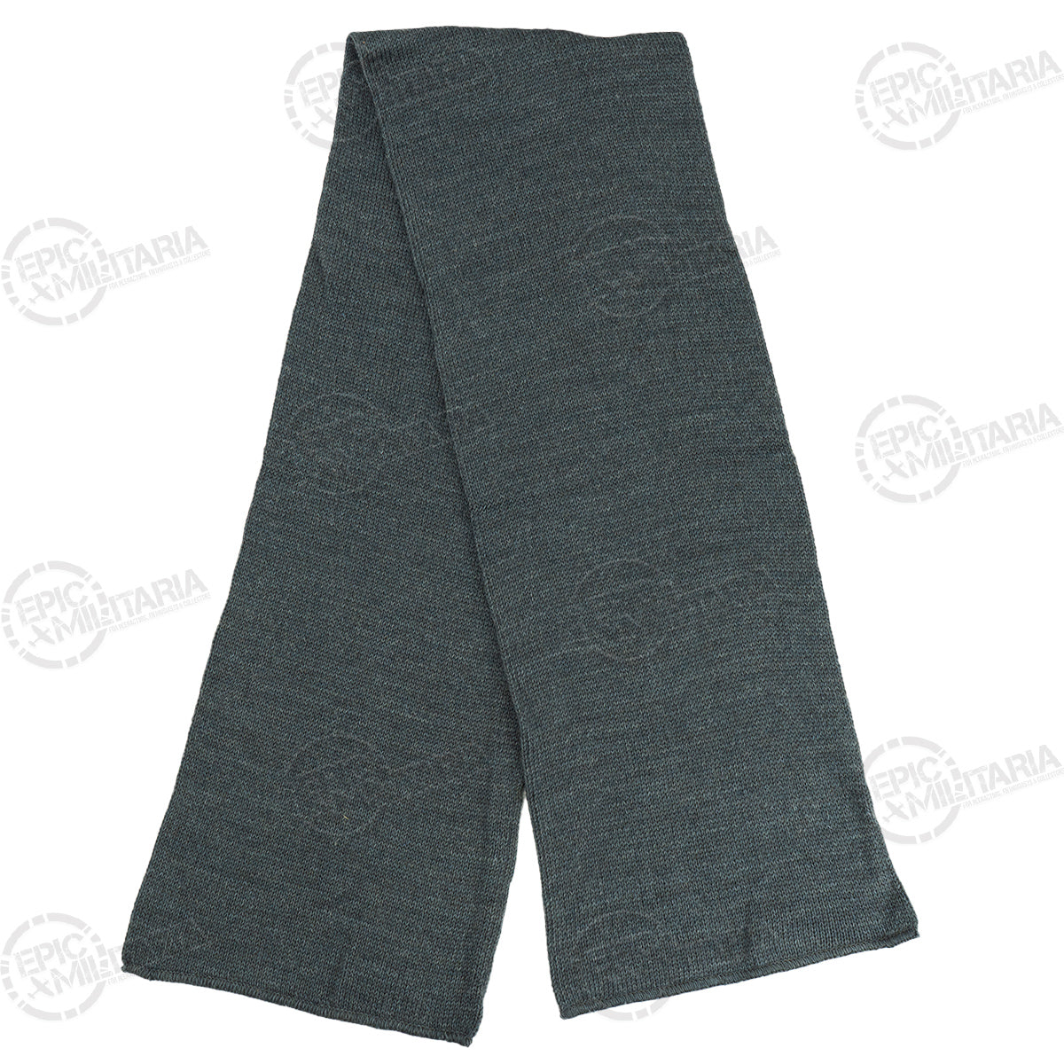 A full-length view of the grey Swedish military surplus wool scarf showing its durable, compact construction.