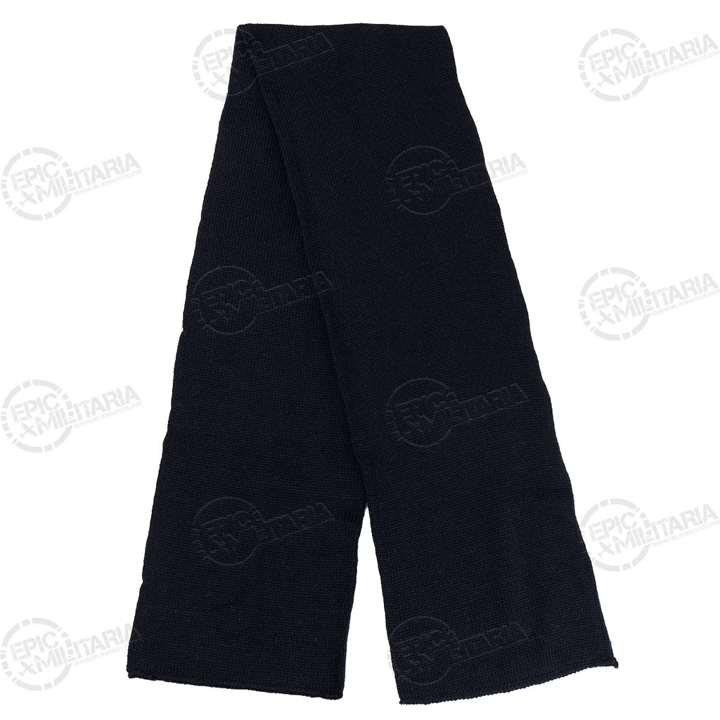 Full-length shot of the authentic dark blue Swedish military surplus wool scarf on a white background.