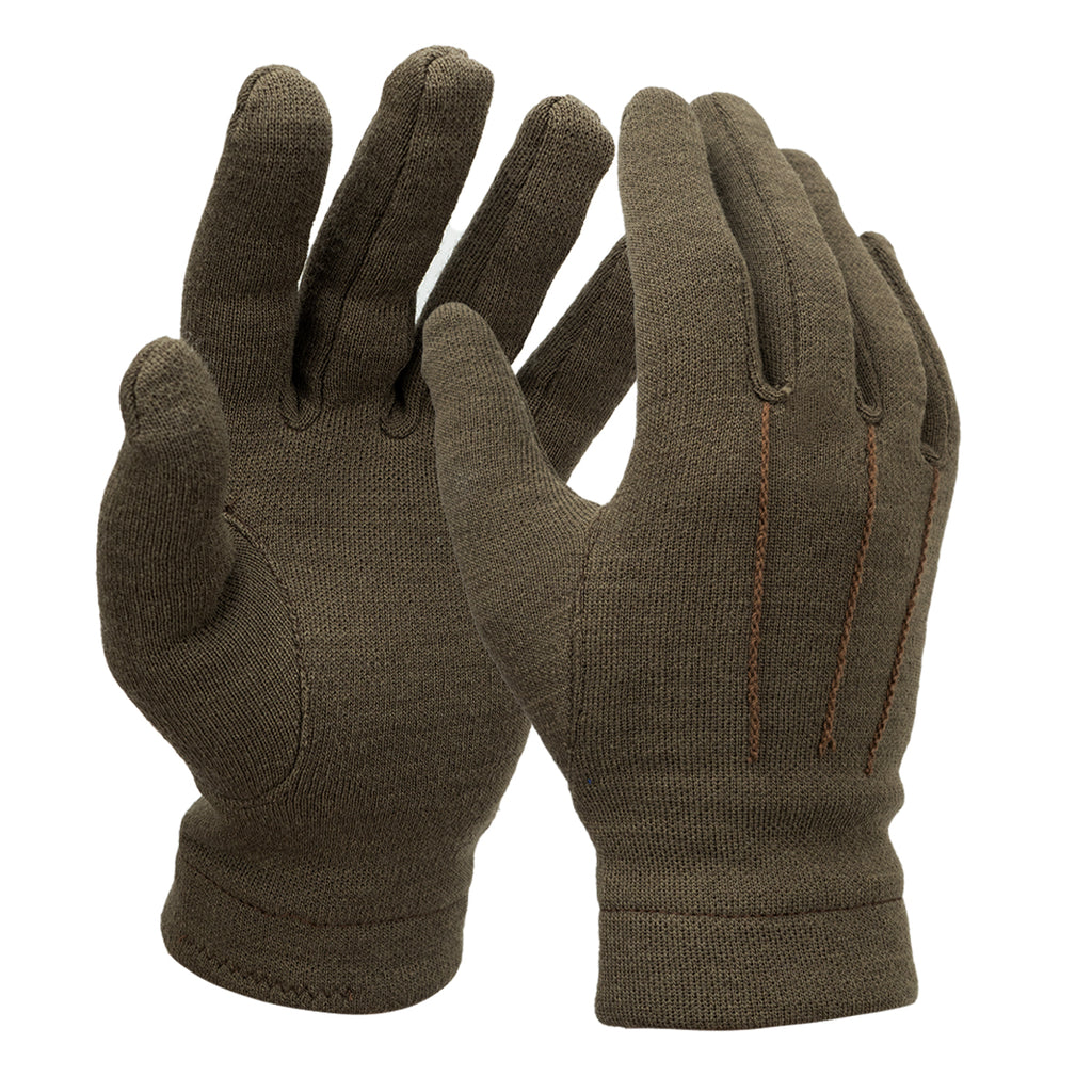 Pair of original Italian Army wool gloves in olive green, showing the palm and back detail with ribbed cuffs.