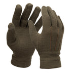 Pair of original Italian Army wool gloves in olive green, showing the palm and back detail with ribbed cuffs.