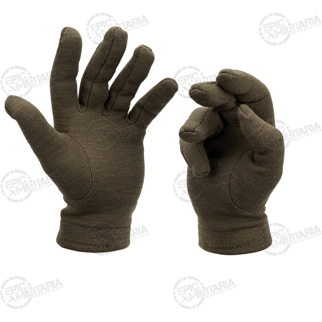 Italian Army wool gloves shown from the palm side, including one glove open and one gently curled to display flexibility.