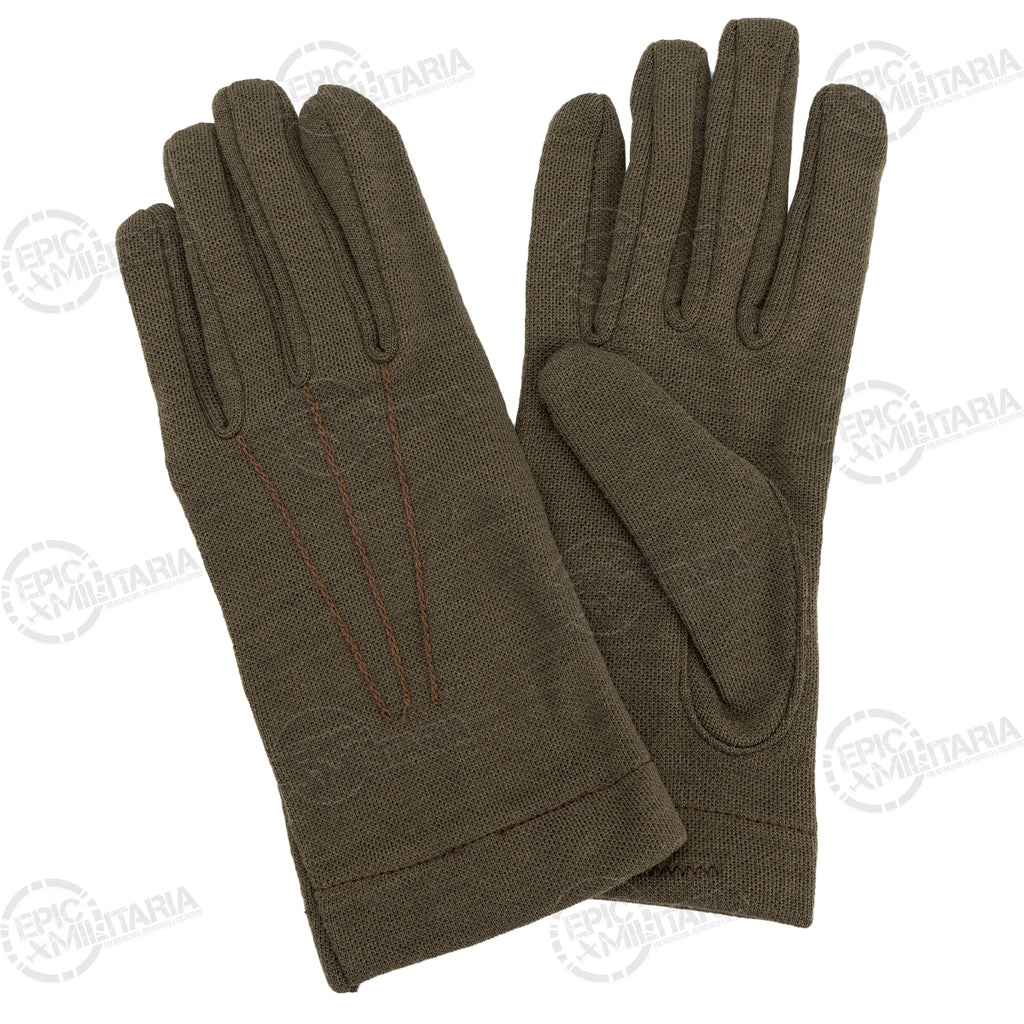 Pair of military-grade wool gloves lying flat, highlighting the sturdy utilitarian design and warm knit fabric of this surplus gear.