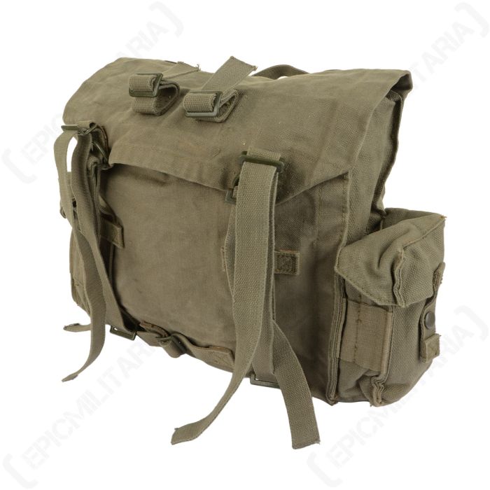 Side perspective view of South African 70 Pattern pack showing press-stud closure side pouch and heavy stitching