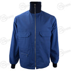 Front-facing view of the Swedish military sports jacket with the central zipper fully closed to the high collar.