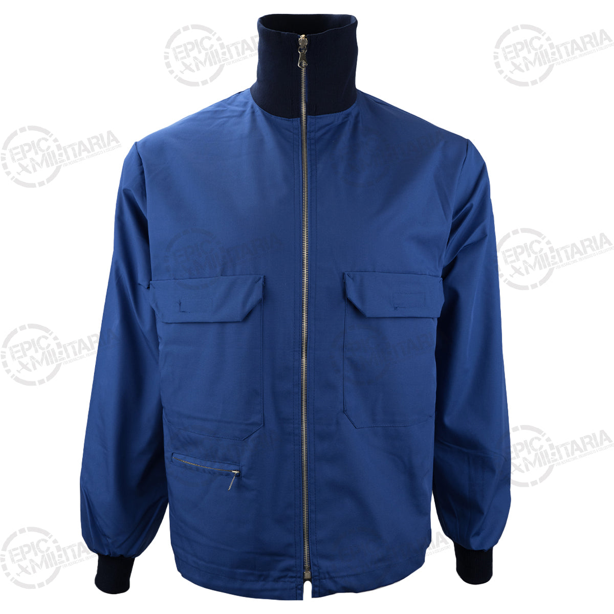 Front-facing view of the Swedish military sports jacket with the central zipper fully closed to the high collar.