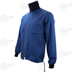 Angled view of an unissued blue Swedish military sports jacket featuring a tall, dark navy collar and drawstring hem.