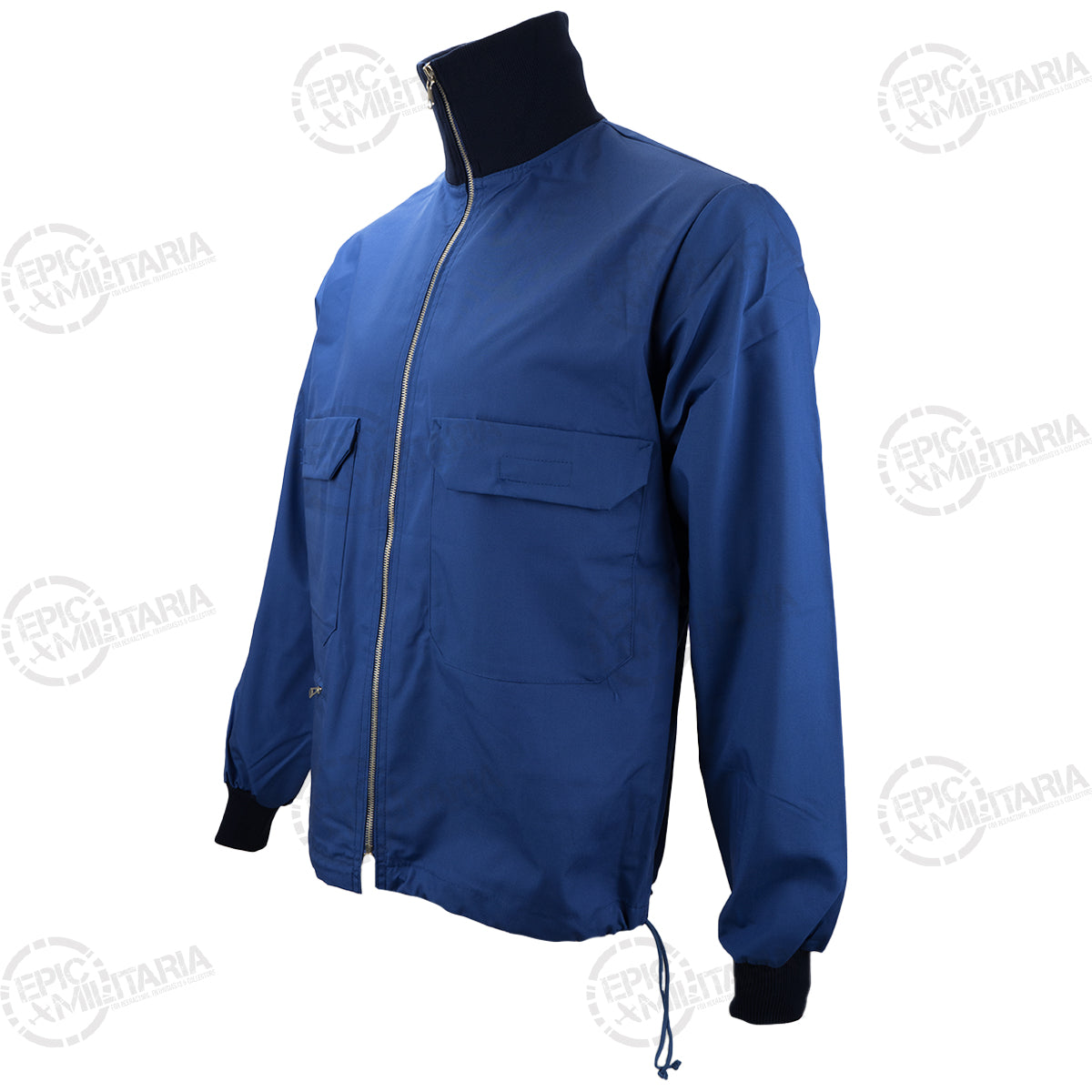 Angled view of an unissued blue Swedish military sports jacket featuring a tall, dark navy collar and drawstring hem.