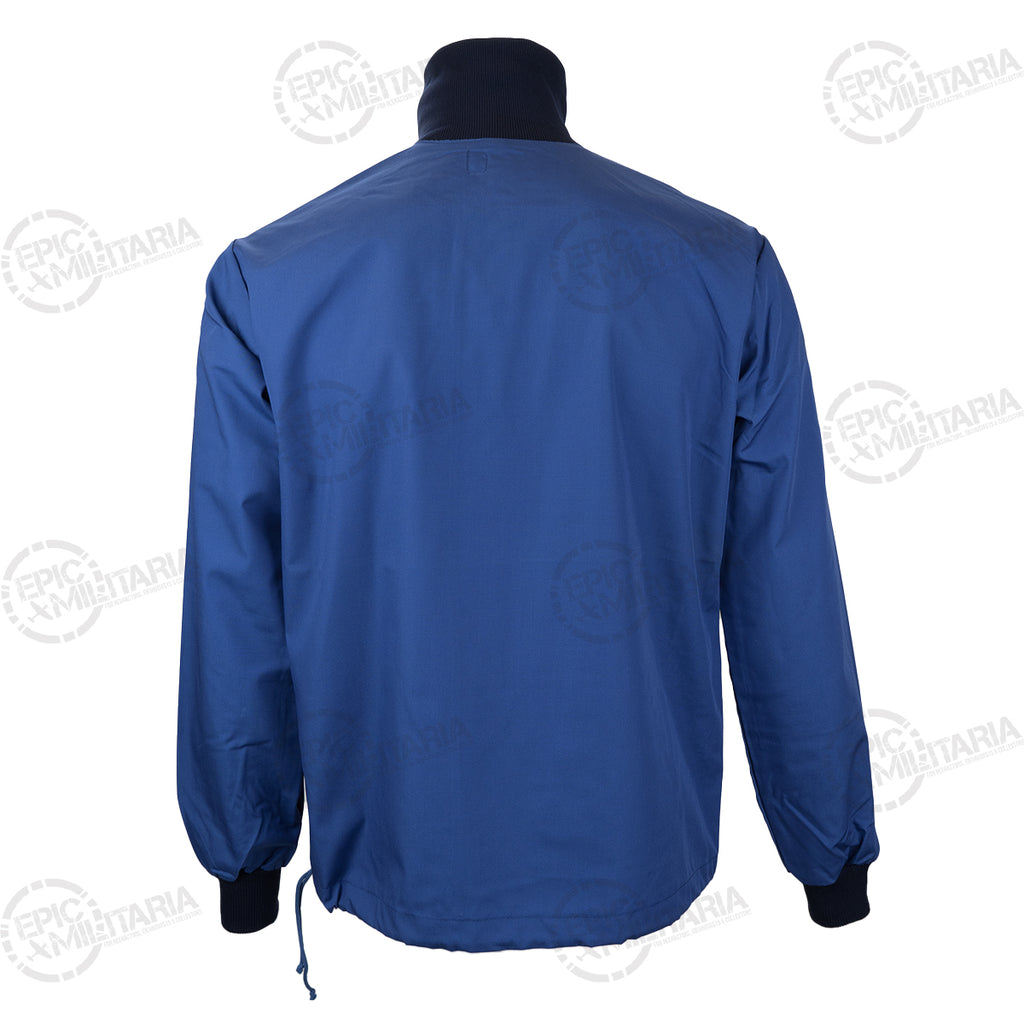 Rear view of the unissued blue Swedish military sports jacket showing the durable poly-cotton construction.