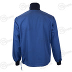 Rear view of the unissued blue Swedish military sports jacket showing the durable poly-cotton construction.