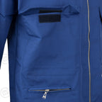 Close-up of the blue military jacket chest pocket with hook and loop closure and a separate zip-fastening hip pocket.