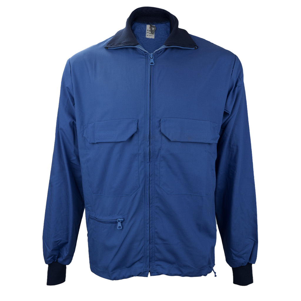 Unissued blue Swedish military sports jacket with front zip, dual chest pockets, and ribbed cuffs.
