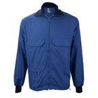 Unissued blue Swedish military sports jacket with front zip, dual chest pockets, and ribbed cuffs.