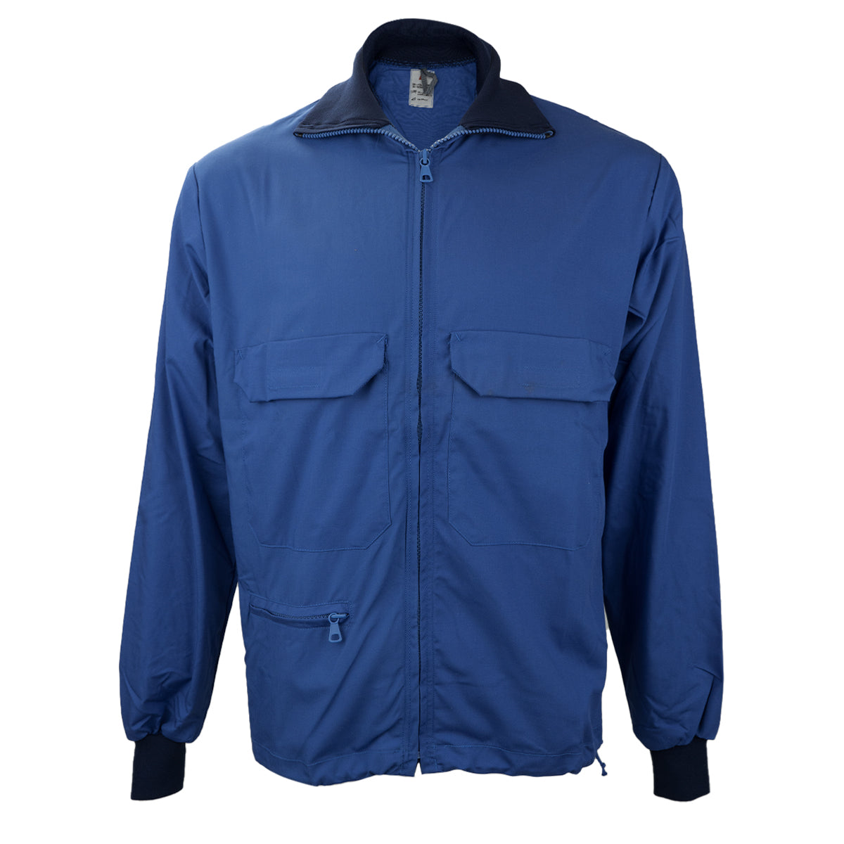Unissued blue Swedish military sports jacket with front zip, dual chest pockets, and ribbed cuffs.