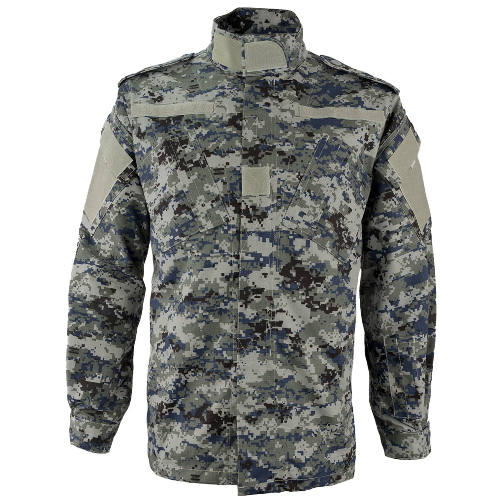 Front view of an unissued Iraqi Police digital camouflage shirt with ACU-style angled pockets, zipper closure, and light grey sleeve panels.