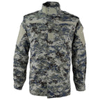 Front view of an unissued Iraqi Police digital camouflage shirt with ACU-style angled pockets, zipper closure, and light grey sleeve panels.