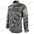 Three-quarter angle of an authentic Iraqi Police blue digital camo shirt featuring durable polycotton ripstop construction and US Army Combat Uniform cut.