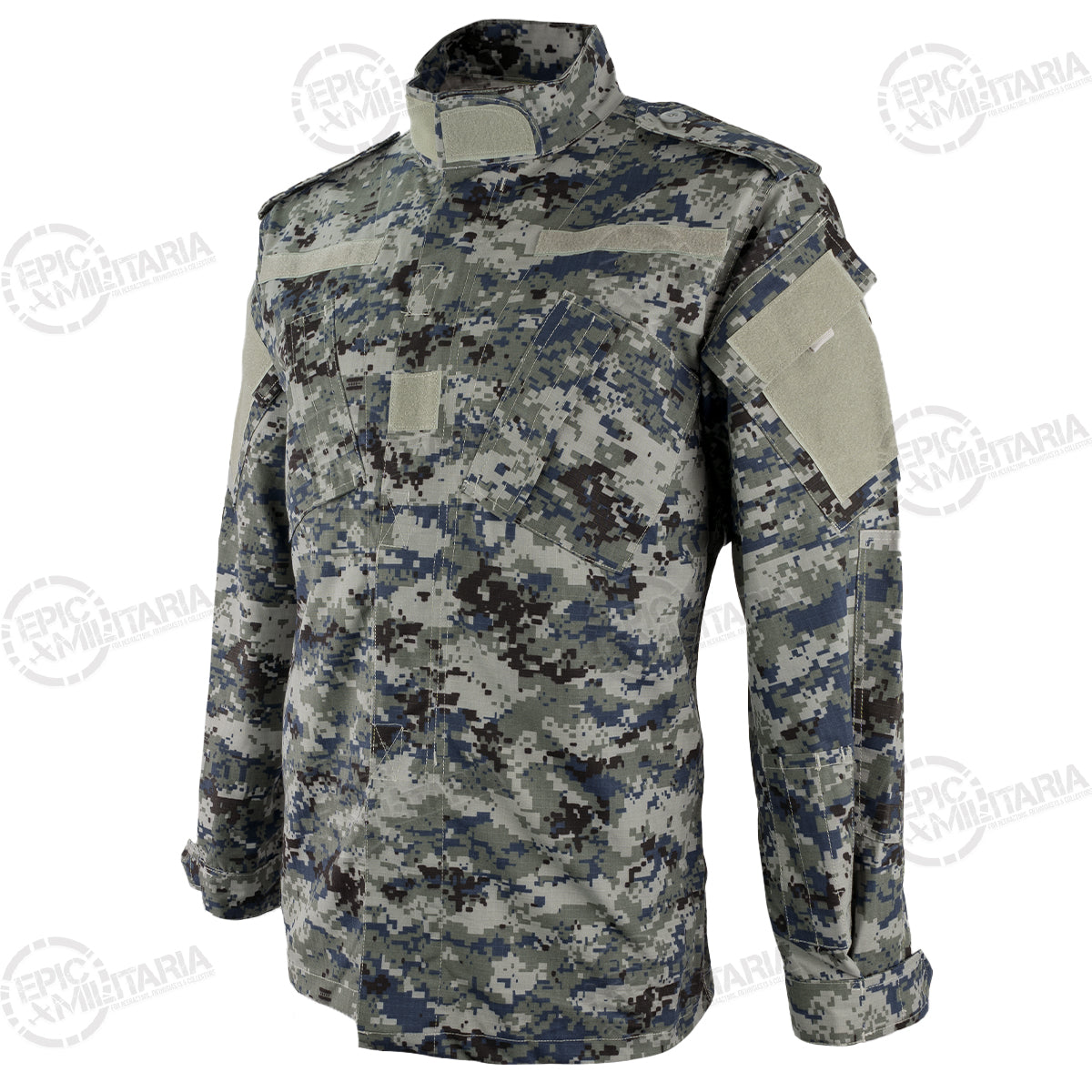 Three-quarter angle of an authentic Iraqi Police blue digital camo shirt featuring durable polycotton ripstop construction and US Army Combat Uniform cut.