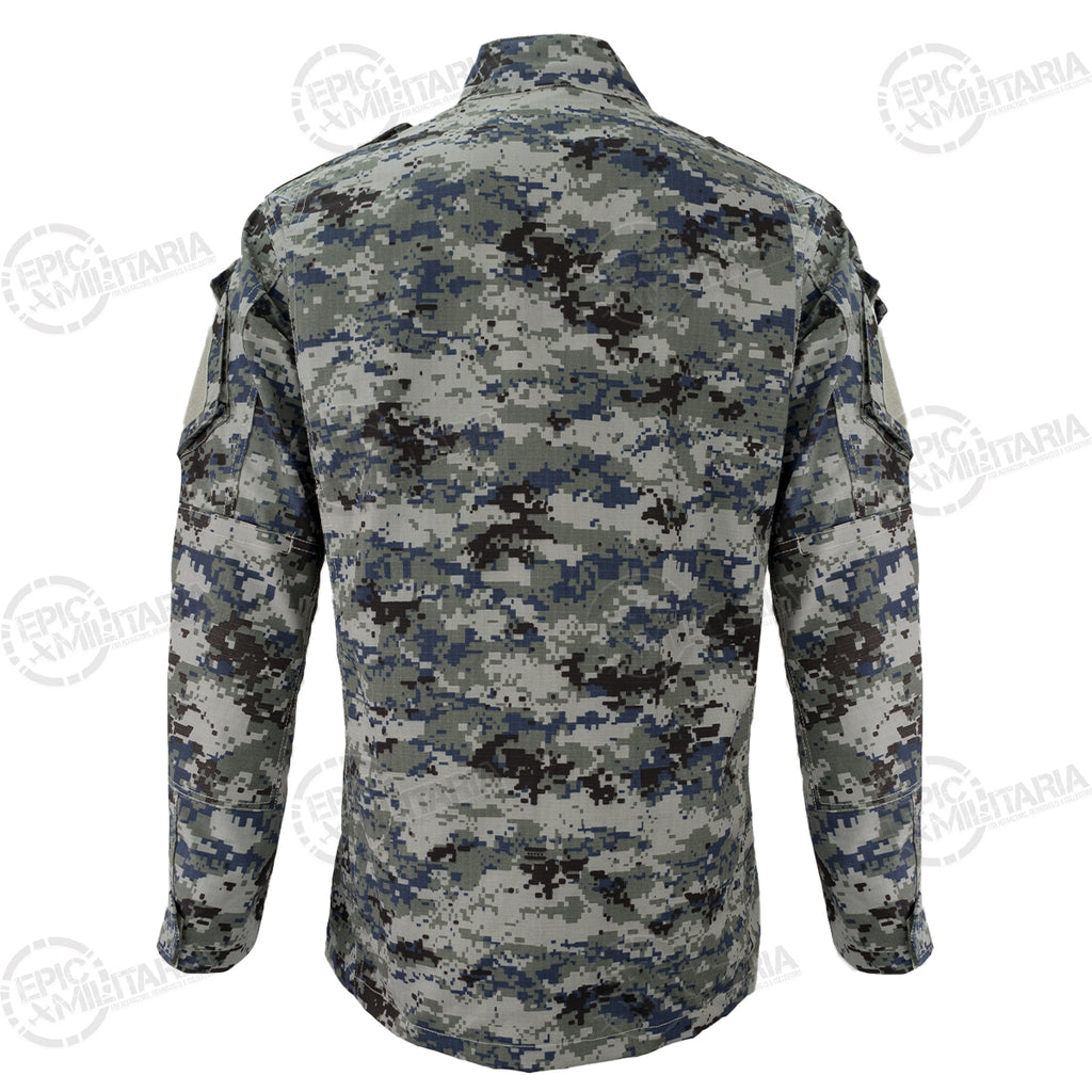 Rear view of the Iraqi Police digital camouflage shirt highlighting the blue, black, and grey pixel pattern and the ACU-style design.