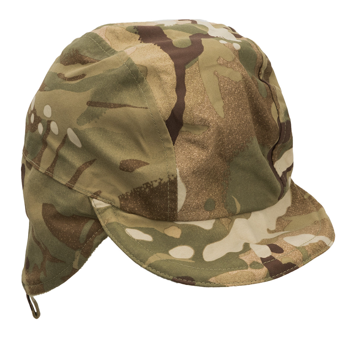 Front side view of the genuine British Army MTP winter hat featuring a short brim and lowered fleece-lined ear flaps.