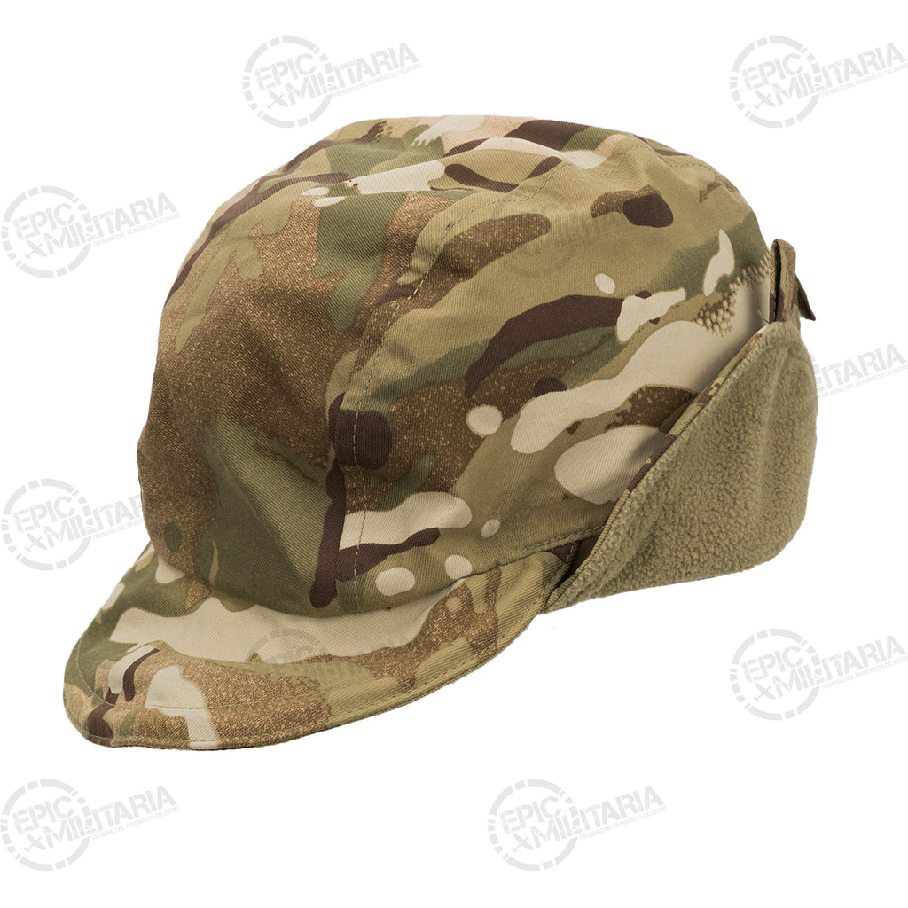 Side profile of the British MTP winter hat showcasing the camouflage pattern and textured fleece lining on the ear protection.