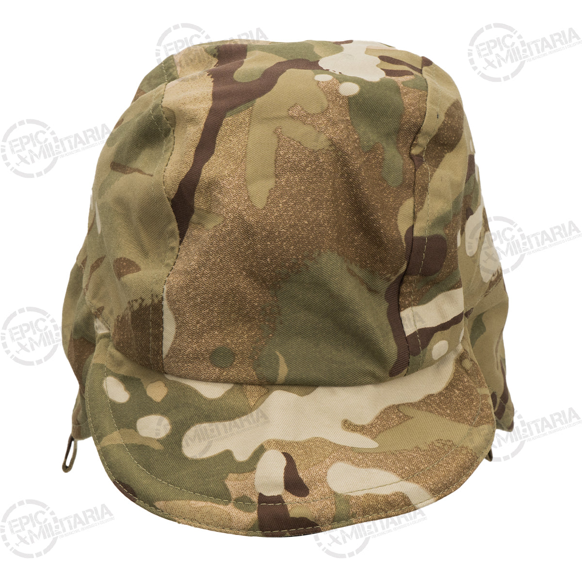 Front-facing view of the British Army MTP hat showing the structured design with ear flaps extended downwards.