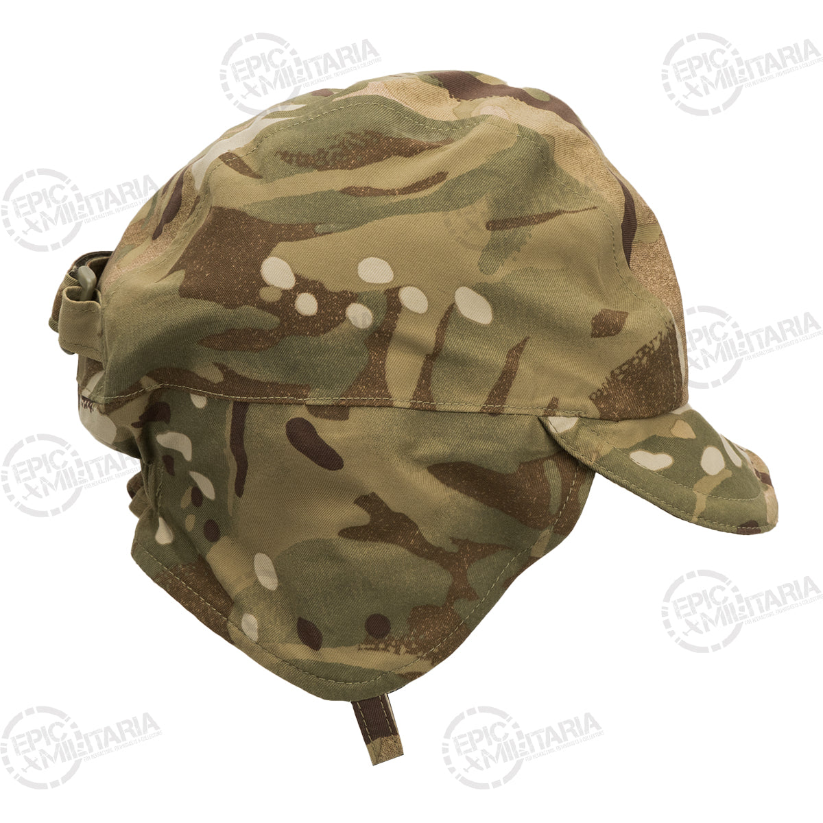 Side angle of the military MTP hat illustrating the rear adjustable strap and foldable ear flap configuration.