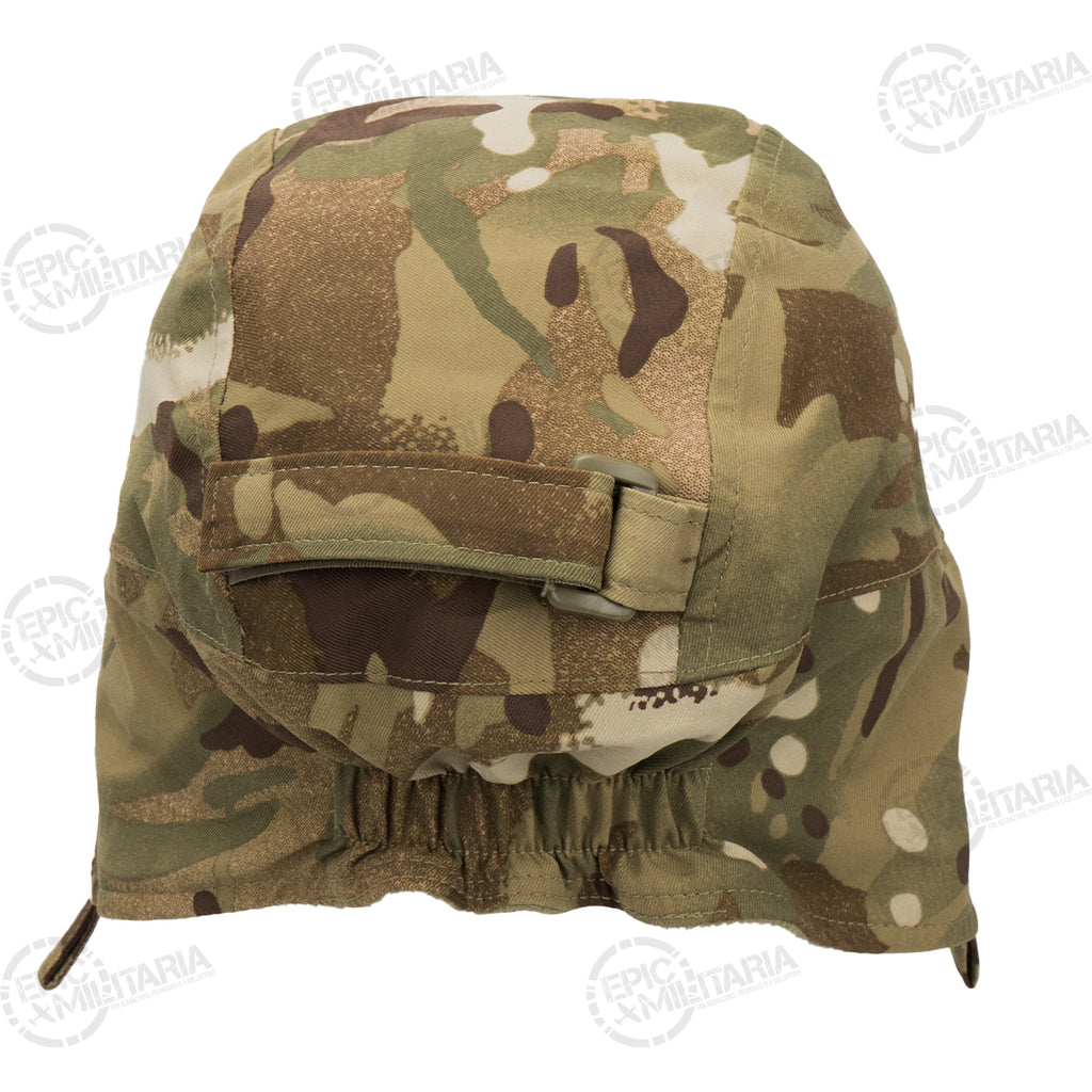 Rear view of the British MTP surplus winter hat showing the adjustable strap and elasticated back for a secure fit.