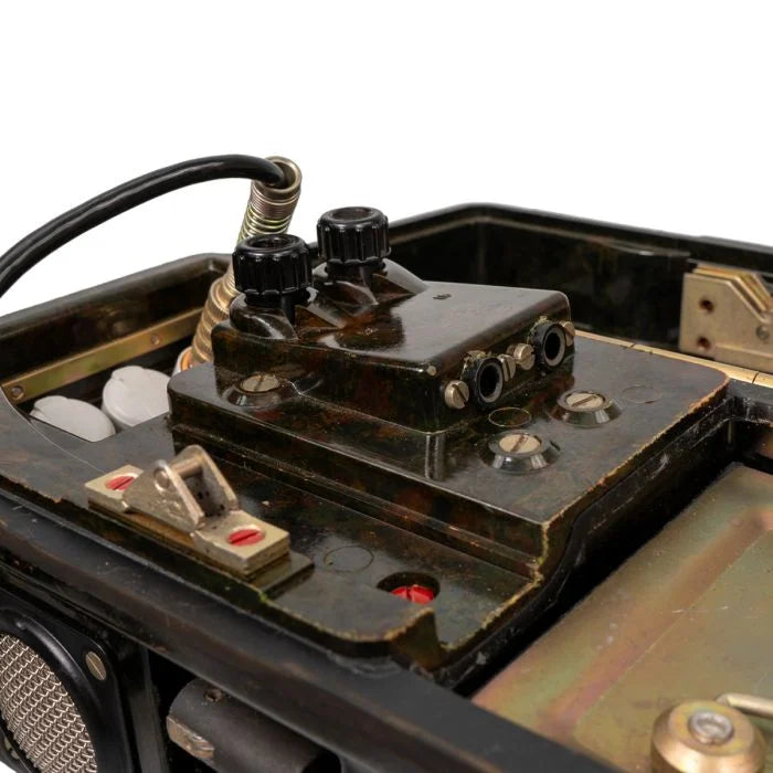 Close up of terminal binding posts and switches inside East German field telephone